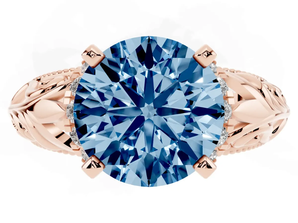 Fancy Blue Round Cut Solitaire Filigree Engagement Ring with Halo and Prong Setting Rose gold