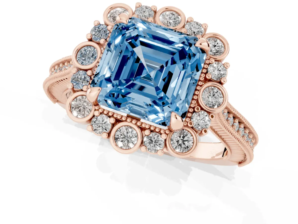 Fancy Blue Asscher Cut Halo Milgrain Pave Diamond Ring with Four-Prong Setting Rose gold