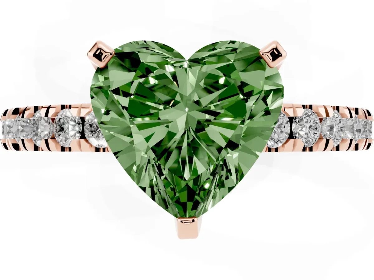 Fancy Green Heart Cut Solitaire Diamond with Pavé Band and Four-Prong Setting Rose gold