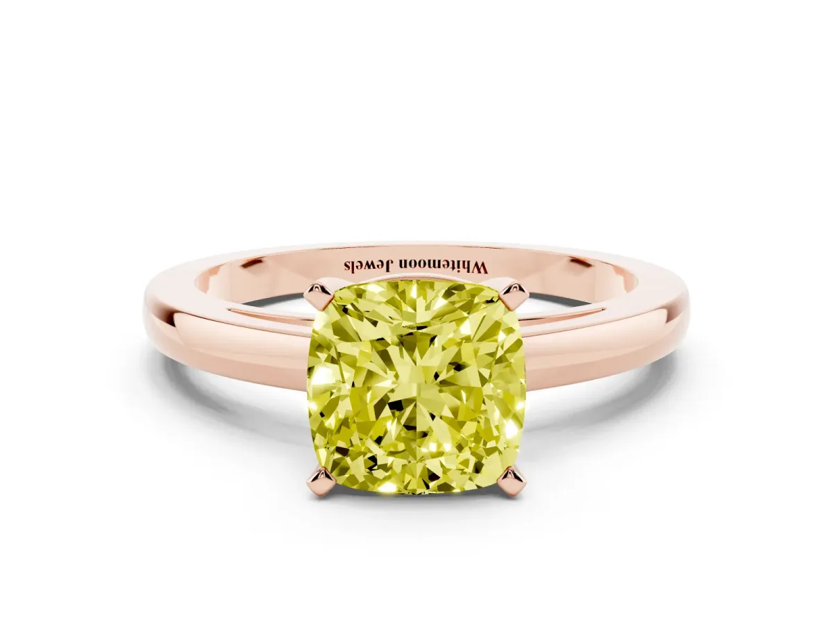 Fancy Yellow Cushion Cut Solitaire Diamond Engagement Ring with Four-Prong Setting on a Classic Band Rose gold