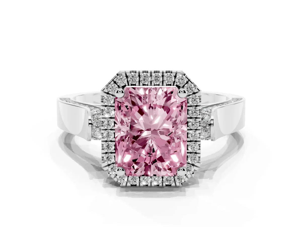 Fancy Pink Radiant Cut Halo Round Diamond Twist Band with Four-Prong Setting White gold