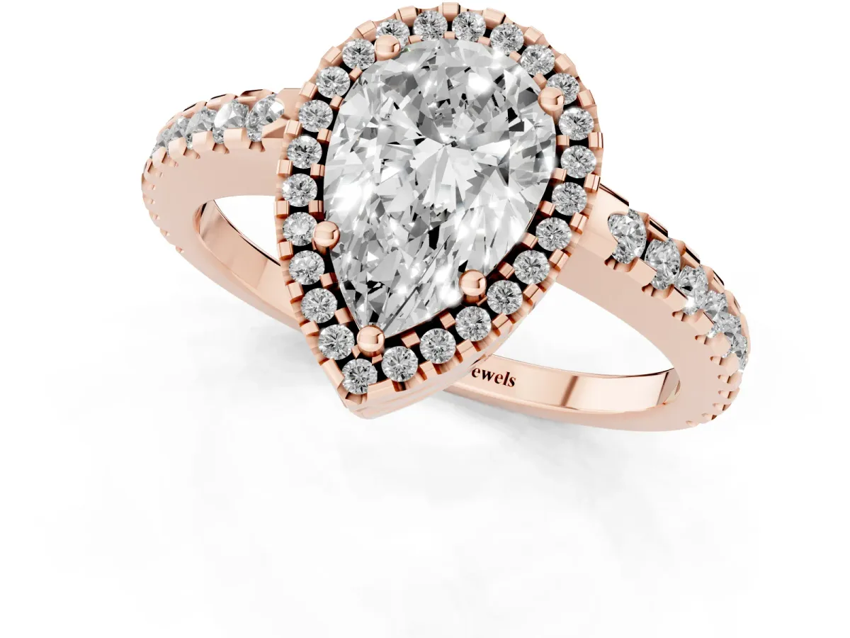 Pear Cut Diamond Halo Engagement Ring with Pavé Band and Prong Setting Rose gold