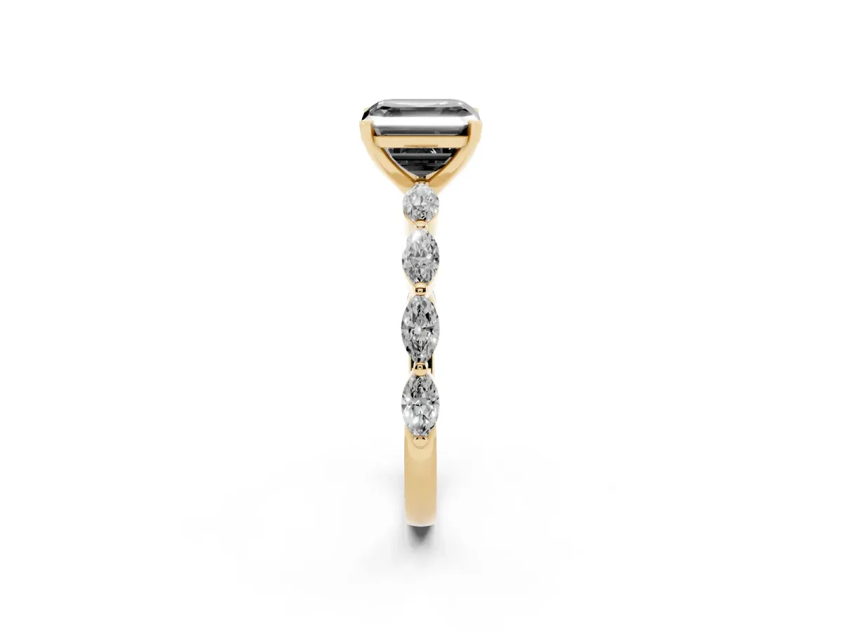 Fancy Black Asscher Cut Diamond Ring with Marquise Side Stones and Prong Setting Yellow gold