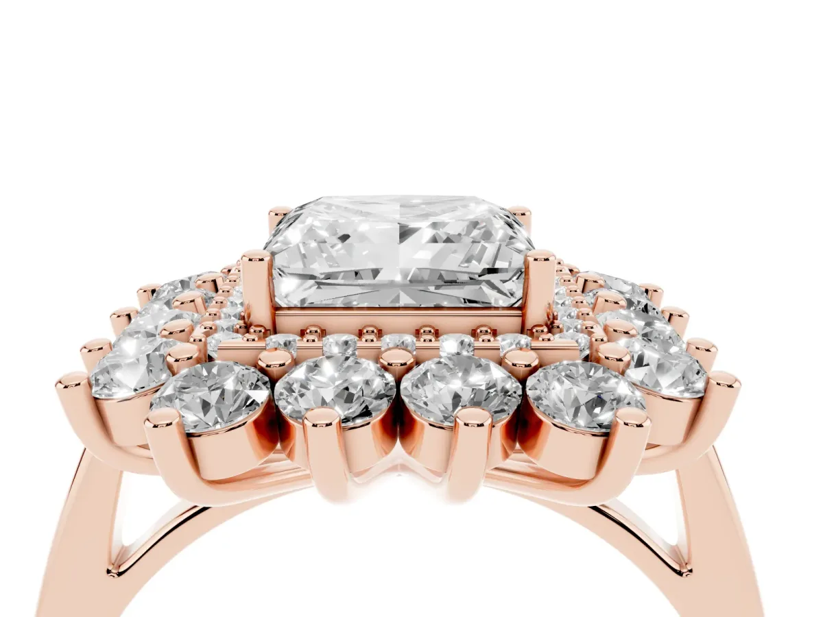 Princess Cut Diamond Floral Double Halo Engagement Ring with Prong Setting Rose gold