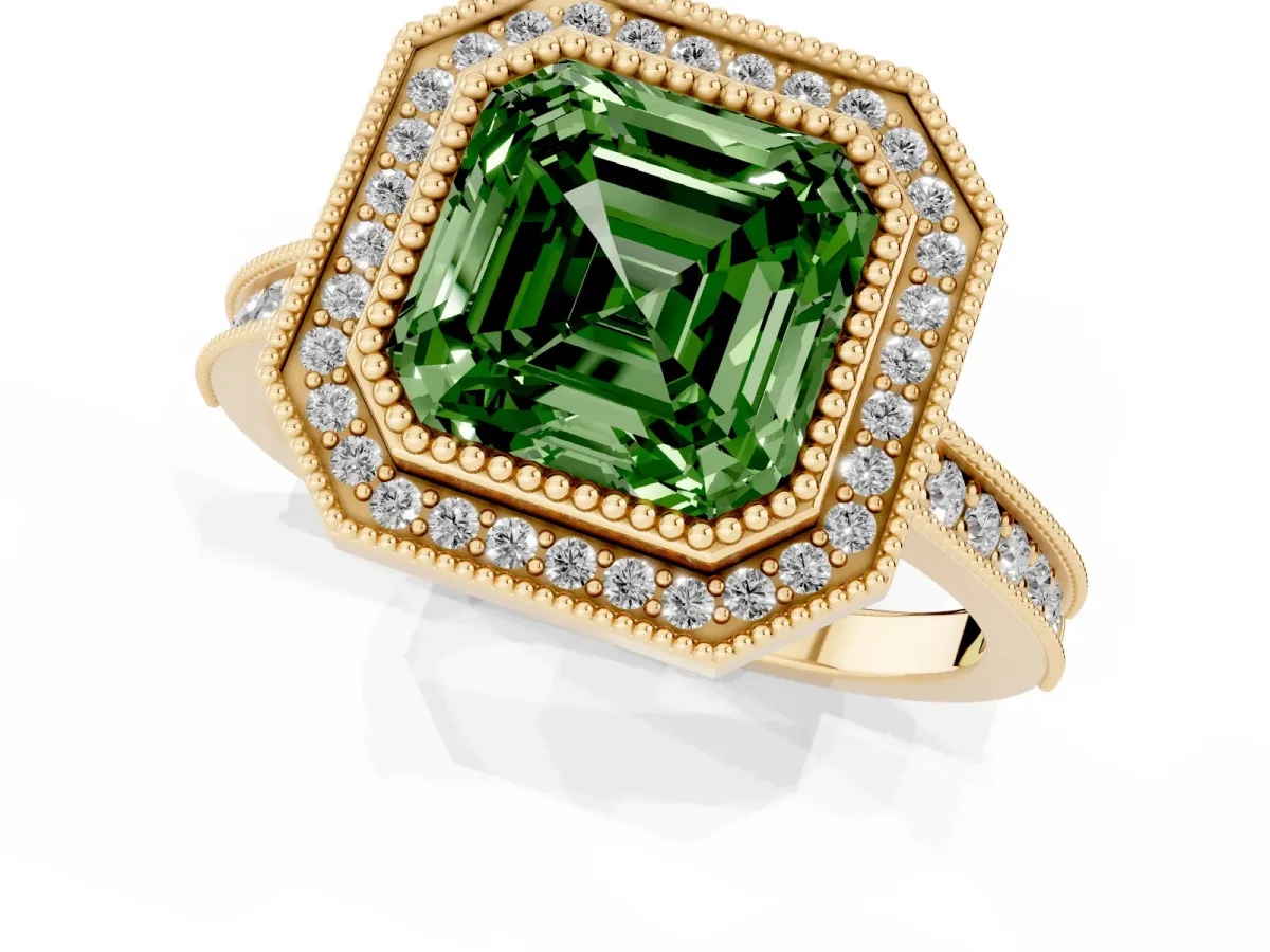 Fancy Green Halo Asscher Cut-Cut Diamond Pave Band Milgrain Prong Setting Ring Yellow gold