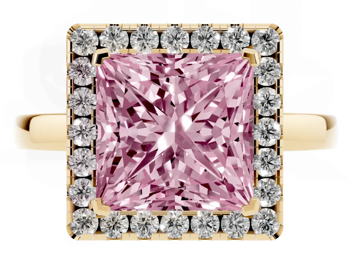 Fancy Pink Princess Cut Halo Diamond Solitaire with Pavé Band and Four-Prong Setting Yellow gold