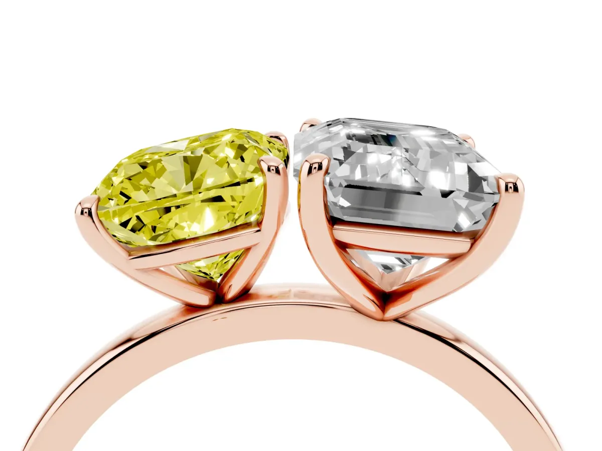 Fancy Yellow Cushion Cut and Emerald Cut Toi Moi Ring with Prong Setting Rose gold