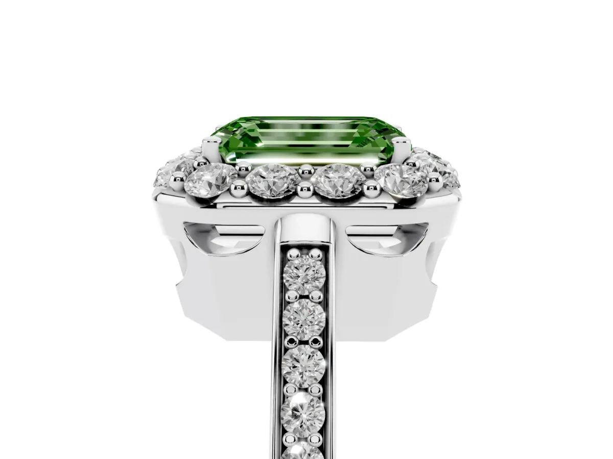 Fancy Green Emerald Cut Diamond Floral Halo Ring with Pavé Band and Prong Setting White gold