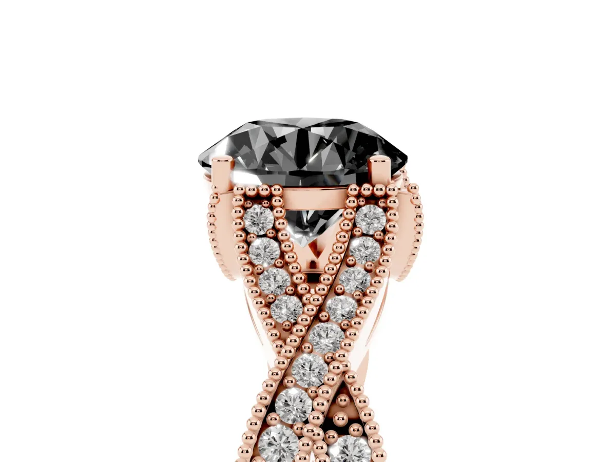 Fancy Black Round Cut Cut Diamond Twisted Band with Milgrain Pave Setting and Four-Prong Setting Rose gold