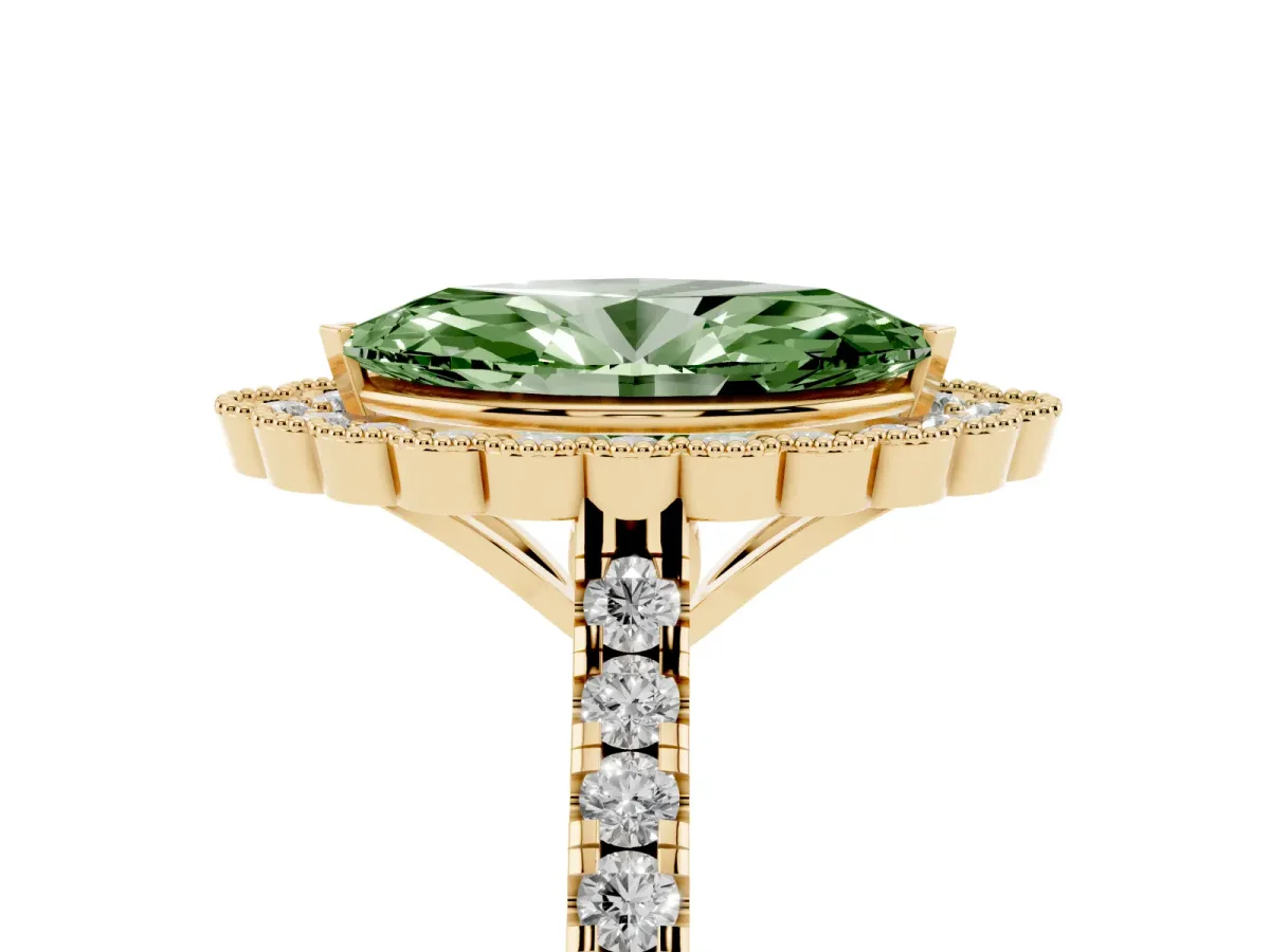 Fancy Green Marquise Cut Cut Diamond Milgrain Floral Halo Engagement Ring with Pavé Band Yellow gold