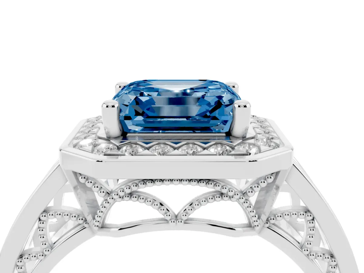 Fancy Blue Asscher Cut Diamond Halo Ring with Split Shank and Bezel Accents and Prong Setting Silver