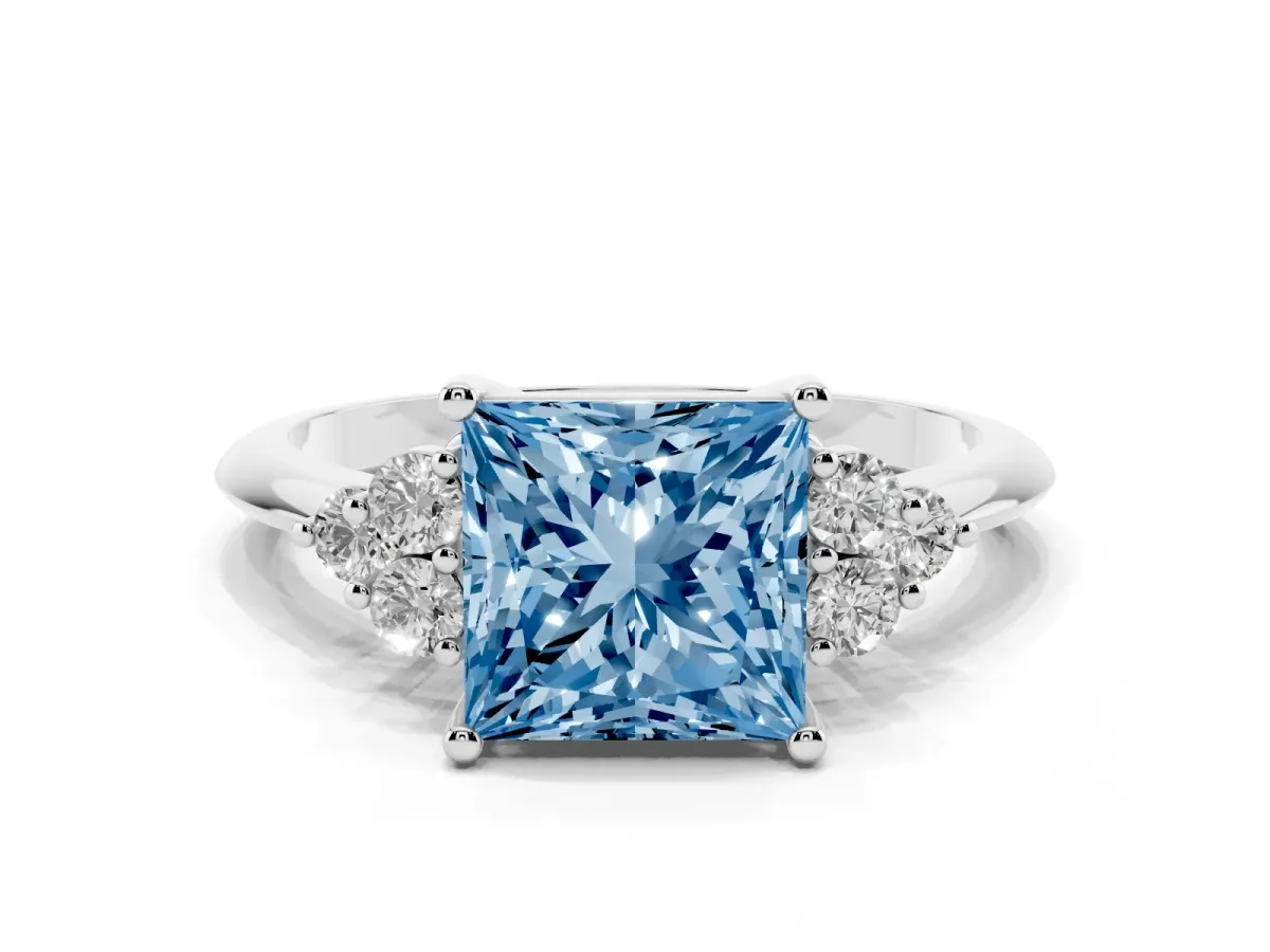 Fancy Blue Princess Cut Cut Diamond Cluster Ring with Solitaire Band and Four-Prong Setting Silver