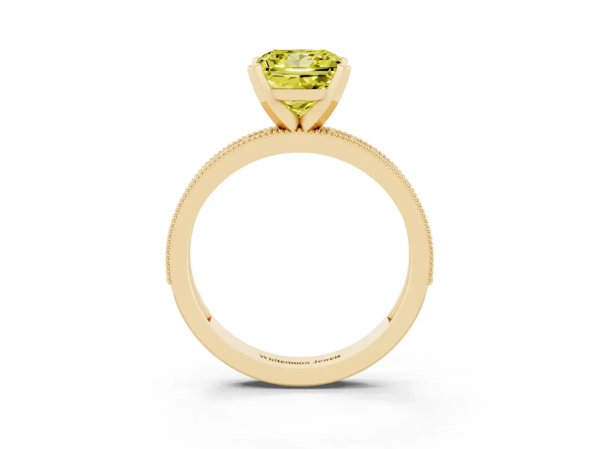 Fancy Yellow Princess Cut Diamond Milgrain Pavé Engagement Ring with Four-Prong Setting Yellow gold