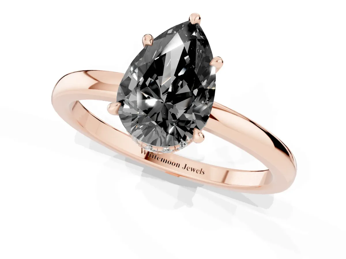 Fancy Black Pear Cut Solitaire Engagement Ring with Cathedral Band and Four-Prong Setting Rose gold