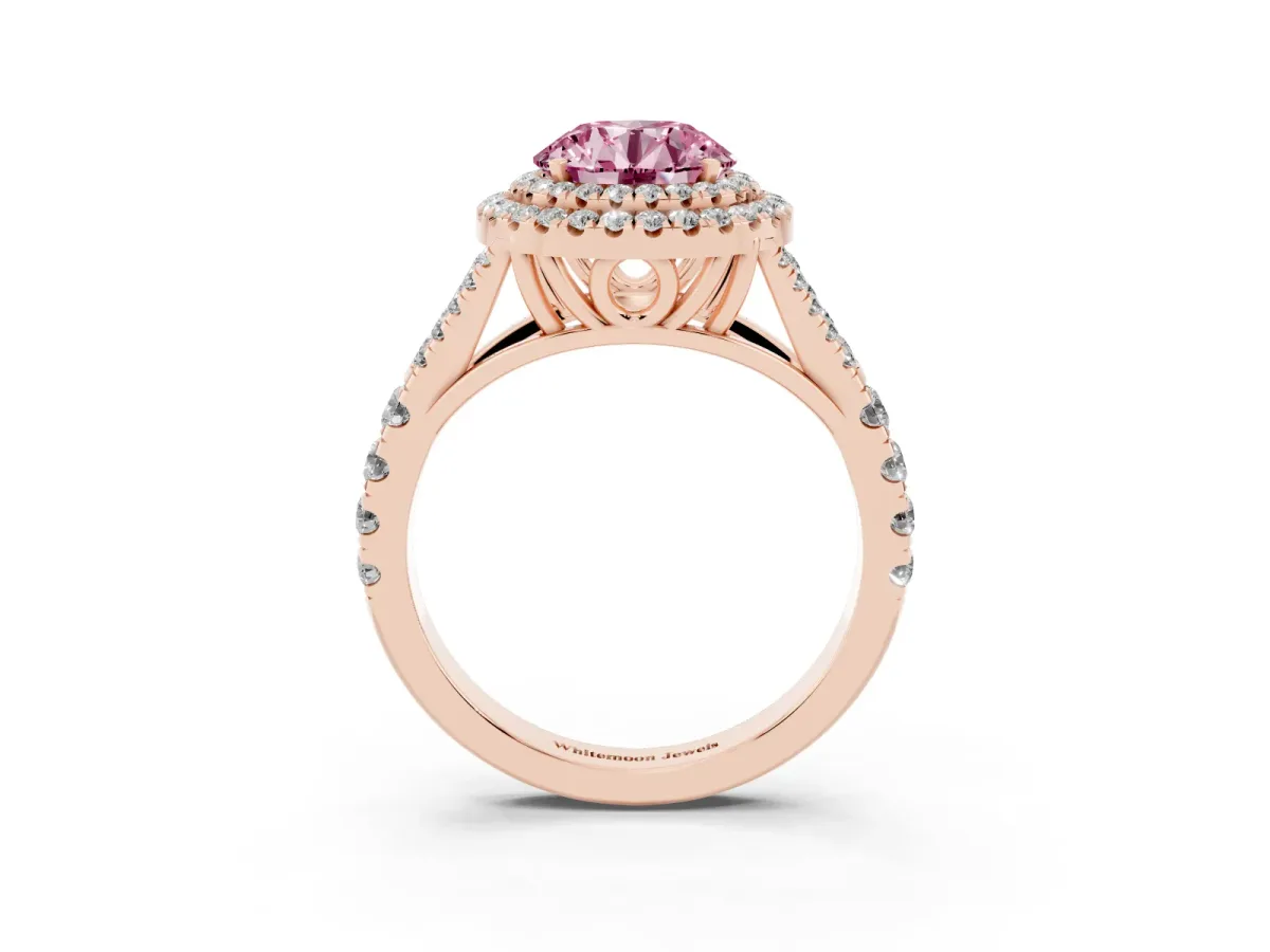 Fancy Pink Round Cut Cut Double Halo Split Shank Diamond Ring with Prong Setting Rose gold