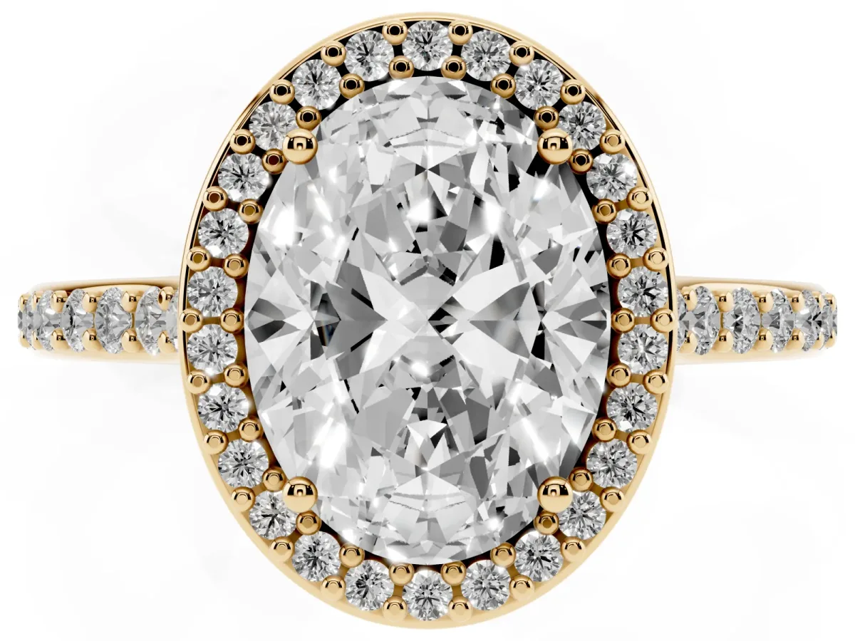 Oval Cut Diamond Halo Engagement Ring with Round Pavé Shoulders and Prong Setting Yellow gold