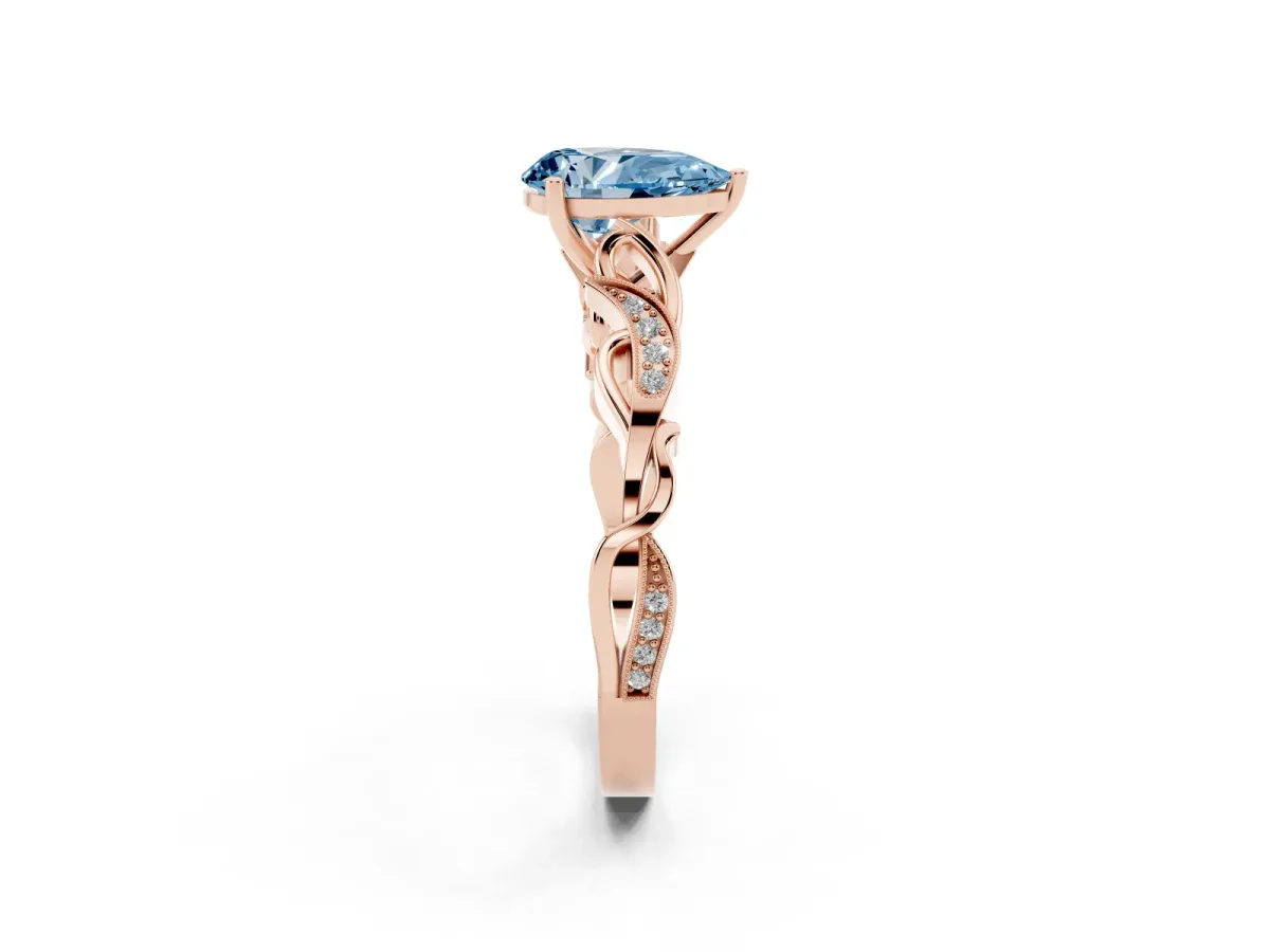 Fancy Blue Pear Cut Solitaire Vine Band with Milgrain Prong Setting Rose gold