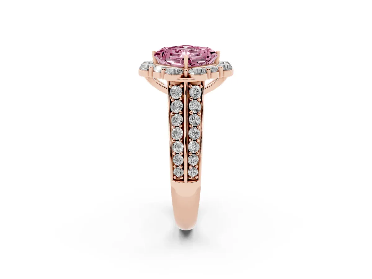Fancy Pink Asscher Cut Halo Diamond Engagement Ring with Split Shank and Prong Setting Rose gold