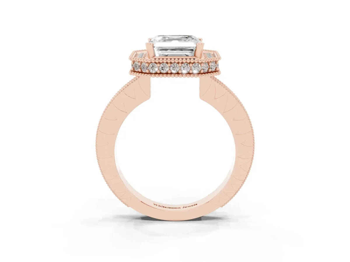 Asscher Cut Diamond Milgrain Halo Engagement Ring with Round Pavé Band and Prong Setting Rose gold