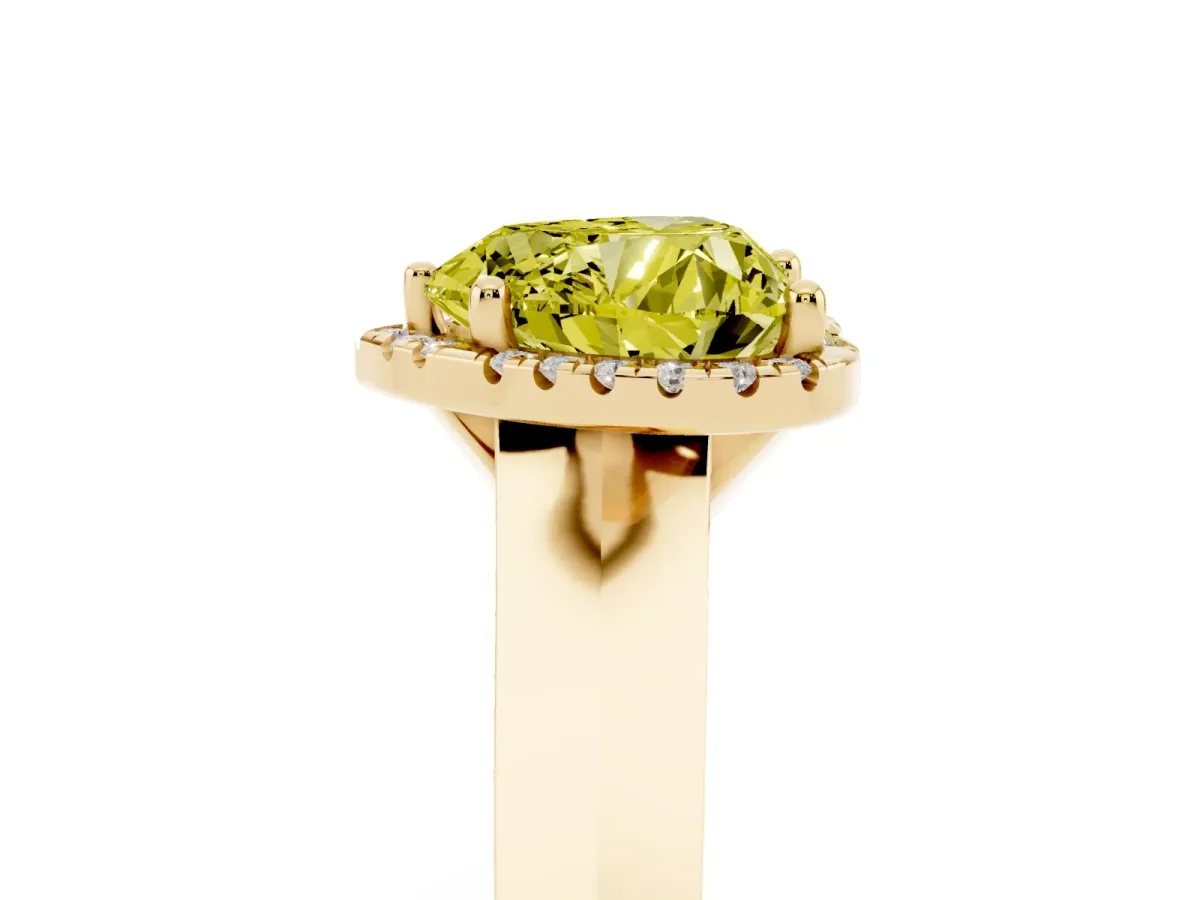 Fancy Yellow Heart Cut Halo Diamond Ring with Cathedral Band and Four-Prong Setting Yellow gold