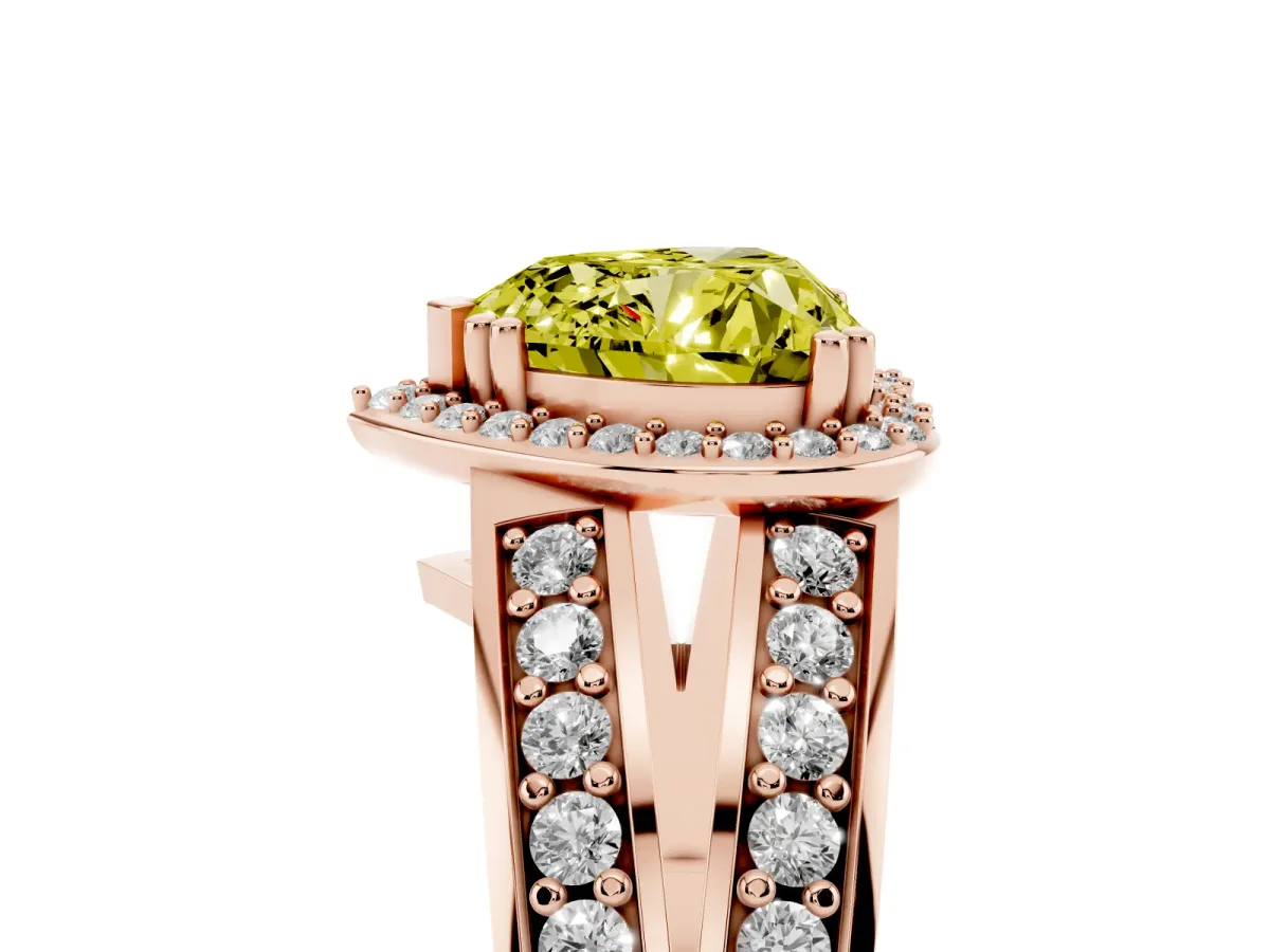 Fancy Yellow Heart Cut Diamond Halo Ring with Split Shank Pavé Band and Four-Prong Setting Rose gold