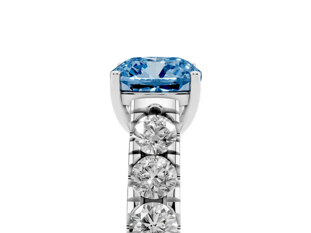 Fancy Blue Cushion Cut Cut Diamond Solitaire Ring with Micro Pave Band and Prong Setting Platinum