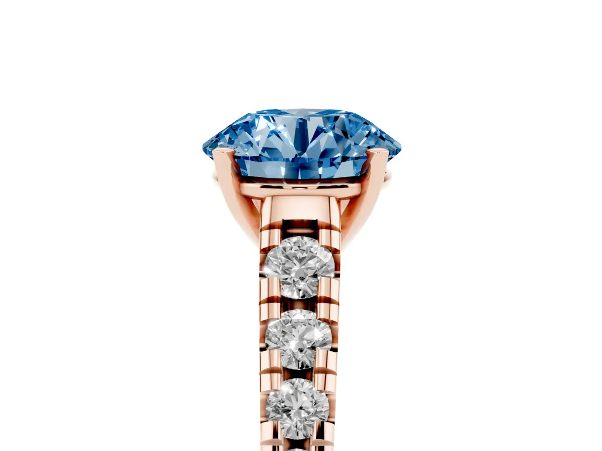 Fancy Blue Round Cut Diamond Cathedral Solitaire Ring with Round Pavé Band Rose gold