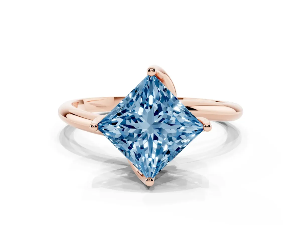 Fancy Blue Princess Cut Diamond Solitaire Engagement Ring with Four-Prong Setting and Classic Band Rose gold