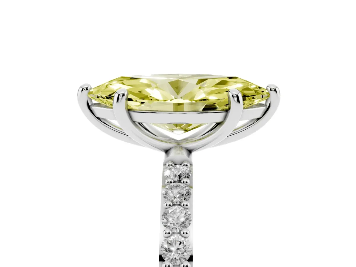 Fancy Yellow Marquise Cut Diamond Solitaire Ring with Round Pavé Band and Prong Setting Silver