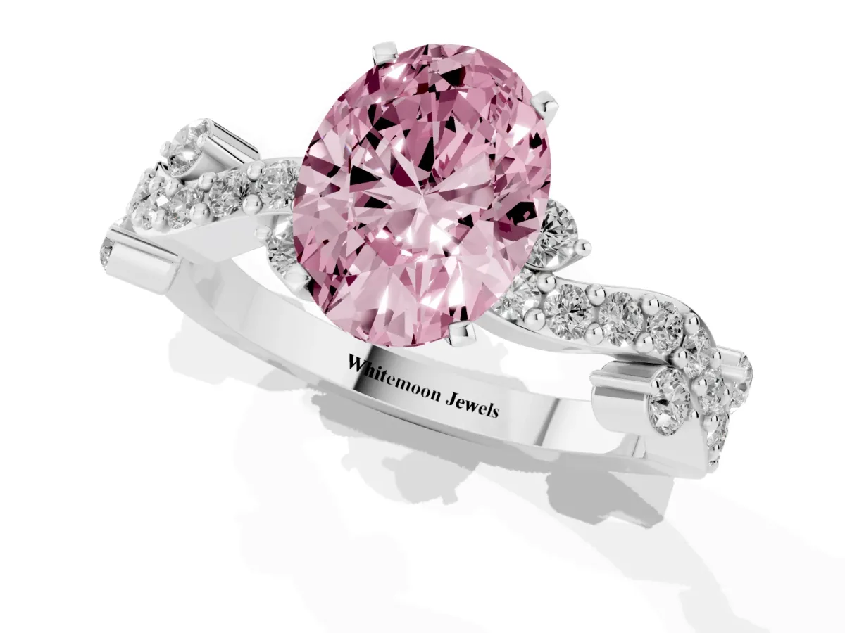 Fancy Pink Oval Cut Cut Solitaire Diamond Twisted Band with Pave Setting Silver