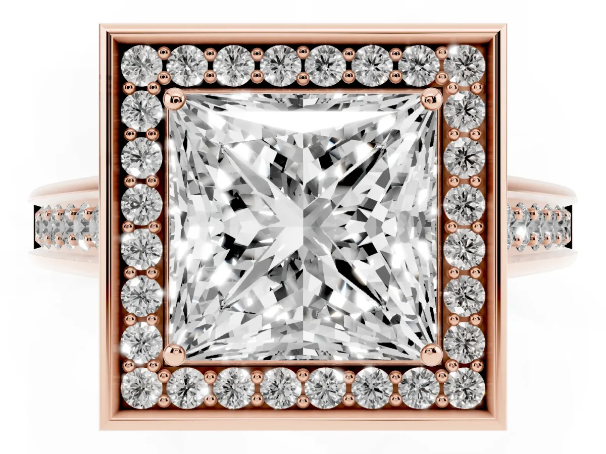 Princess Cut Halo Solitaire Diamond Ring with Pave Band and Bezel Setting Rose gold