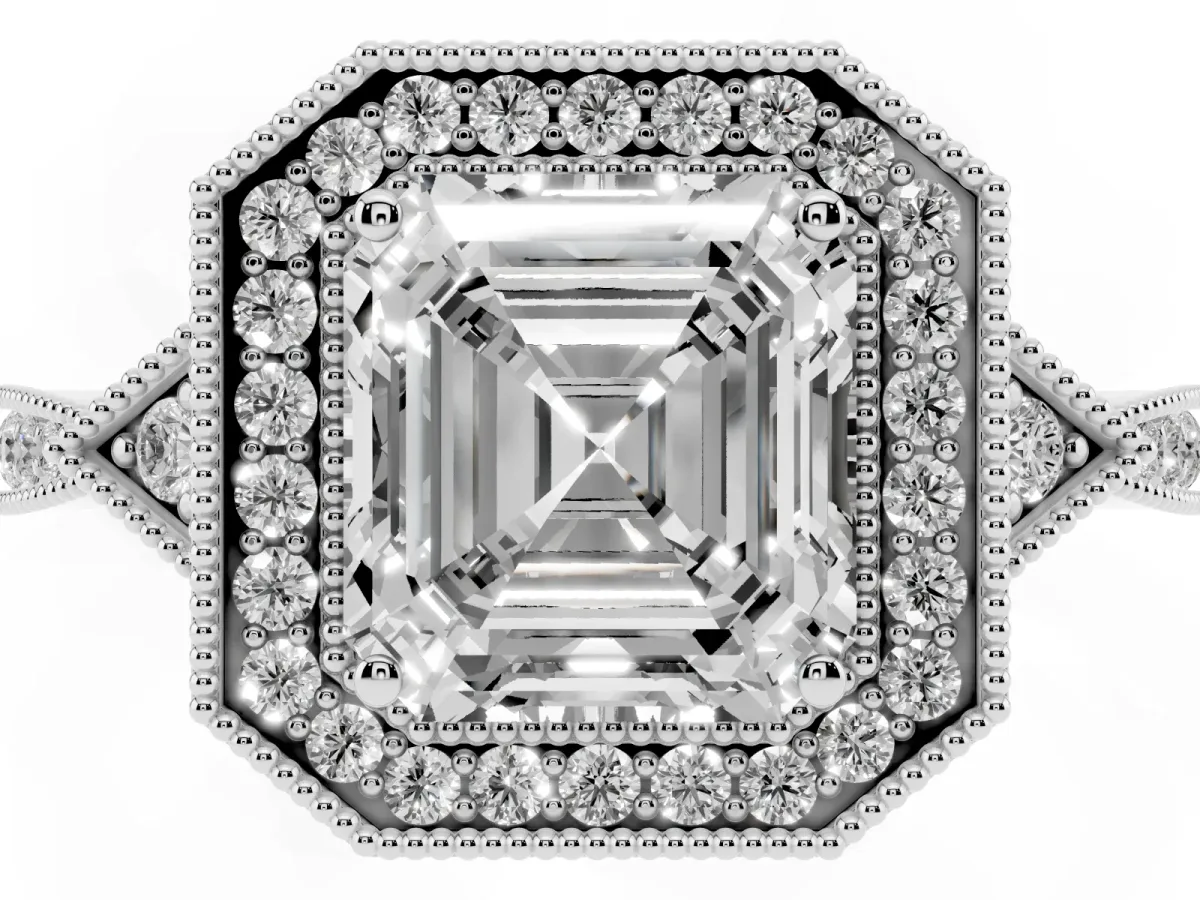Asscher Cut Halo Round Diamond Milgrain Pave Engagement Ring Silver