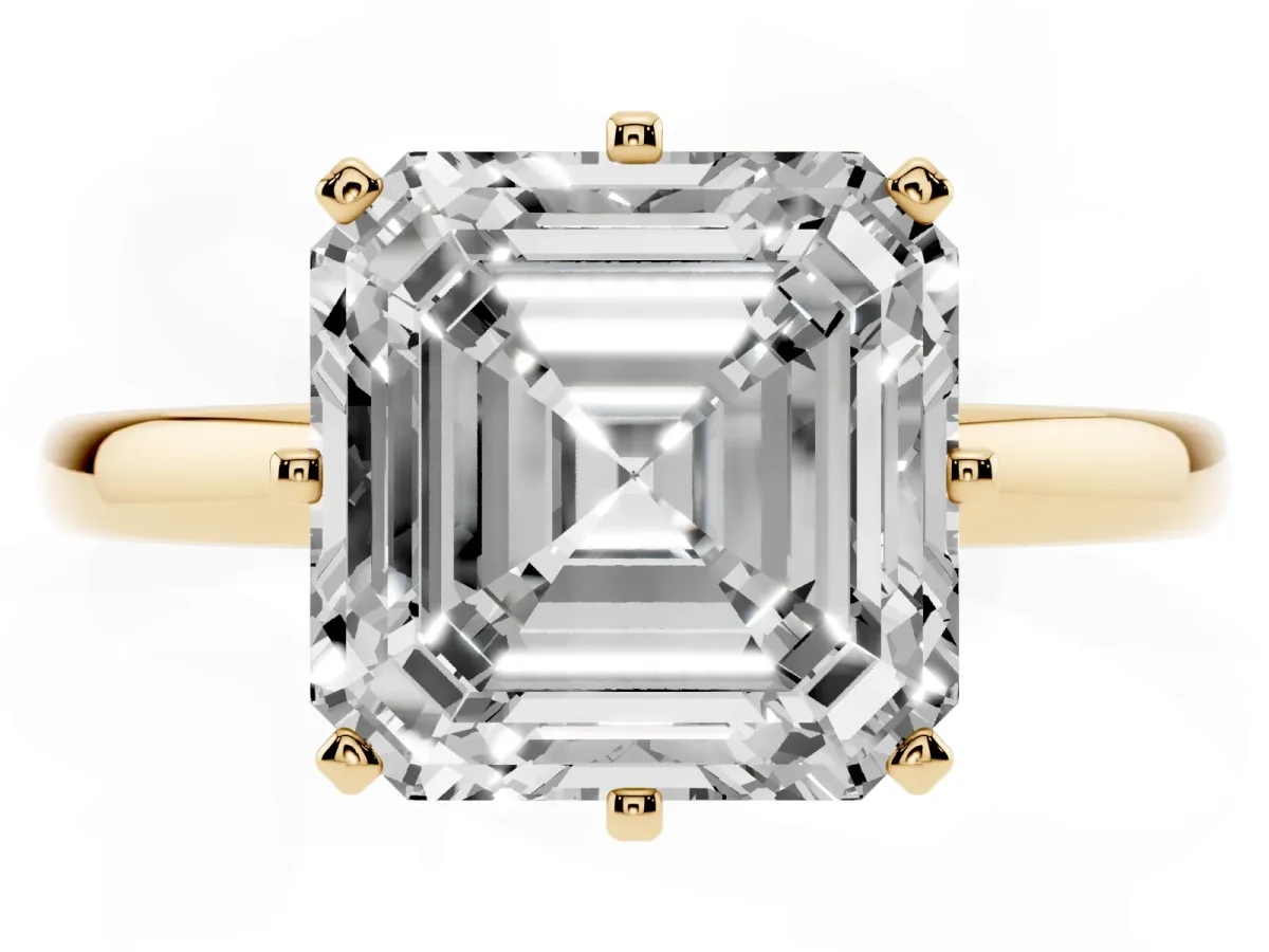 Asscher Cut Solitaire Diamond Ring with Six-Prong Setting on a Classic Band Yellow gold