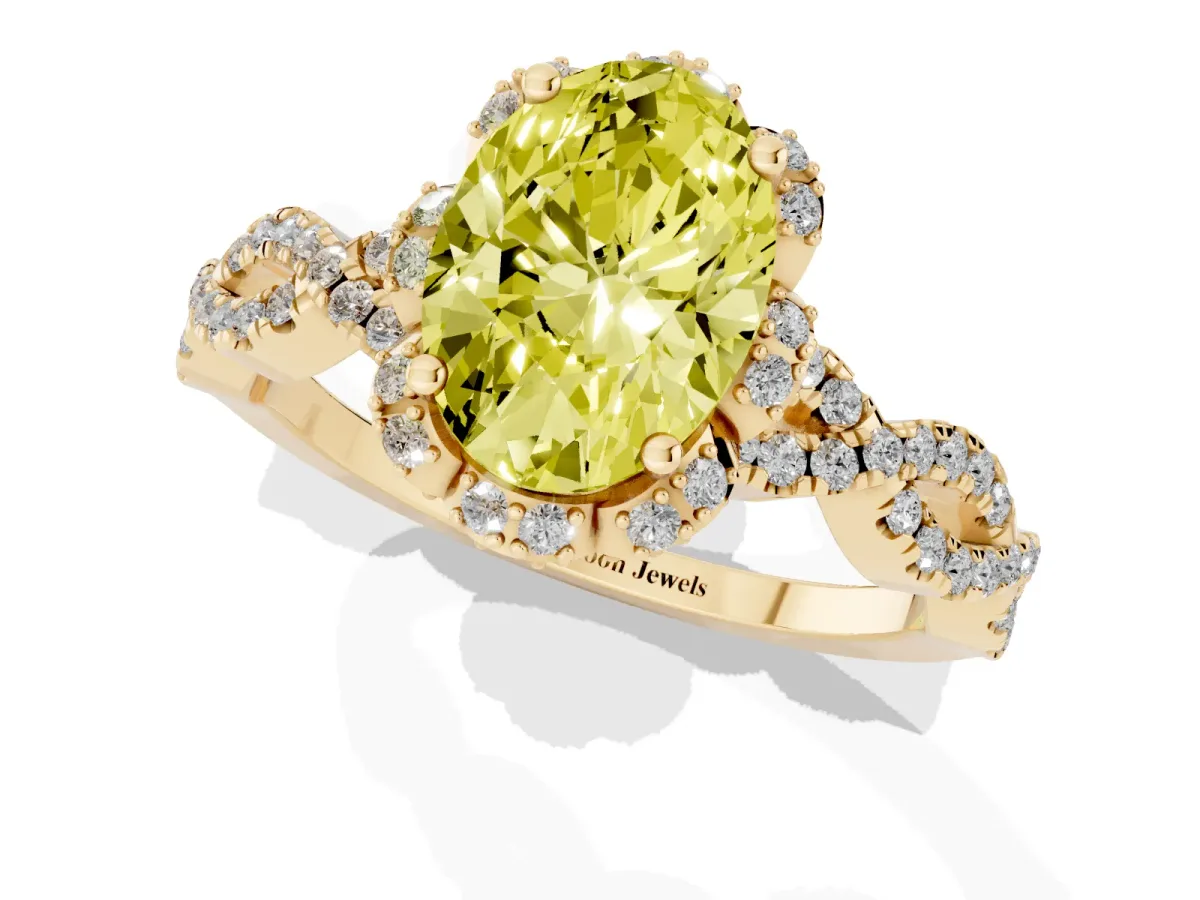 Fancy Yellow Oval Cut Halo Twist Band Solitaire Ring with Six-Prong Setting Yellow gold