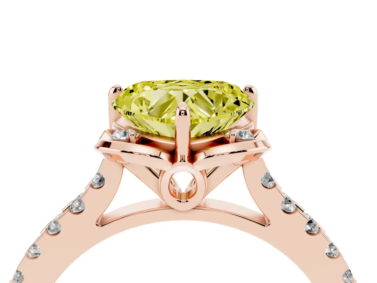 Fancy Yellow Heart Cut Diamond Ring with Pavé Band and Floral Prong Setting Rose gold