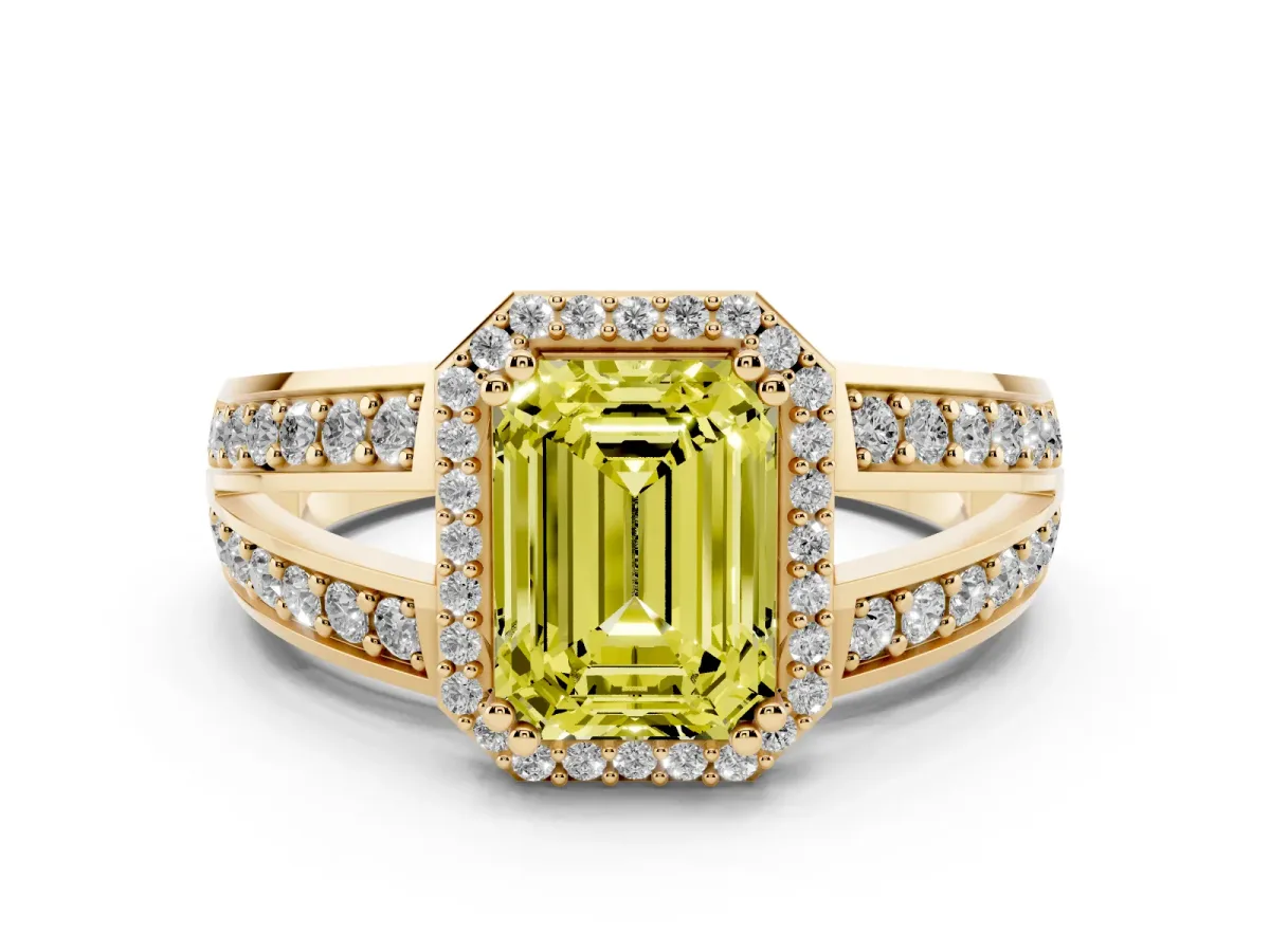 Fancy Yellow Emerald Cut Diamond Halo Ring with Split Shank Pavé Band and Four-Prong Setting Yellow gold