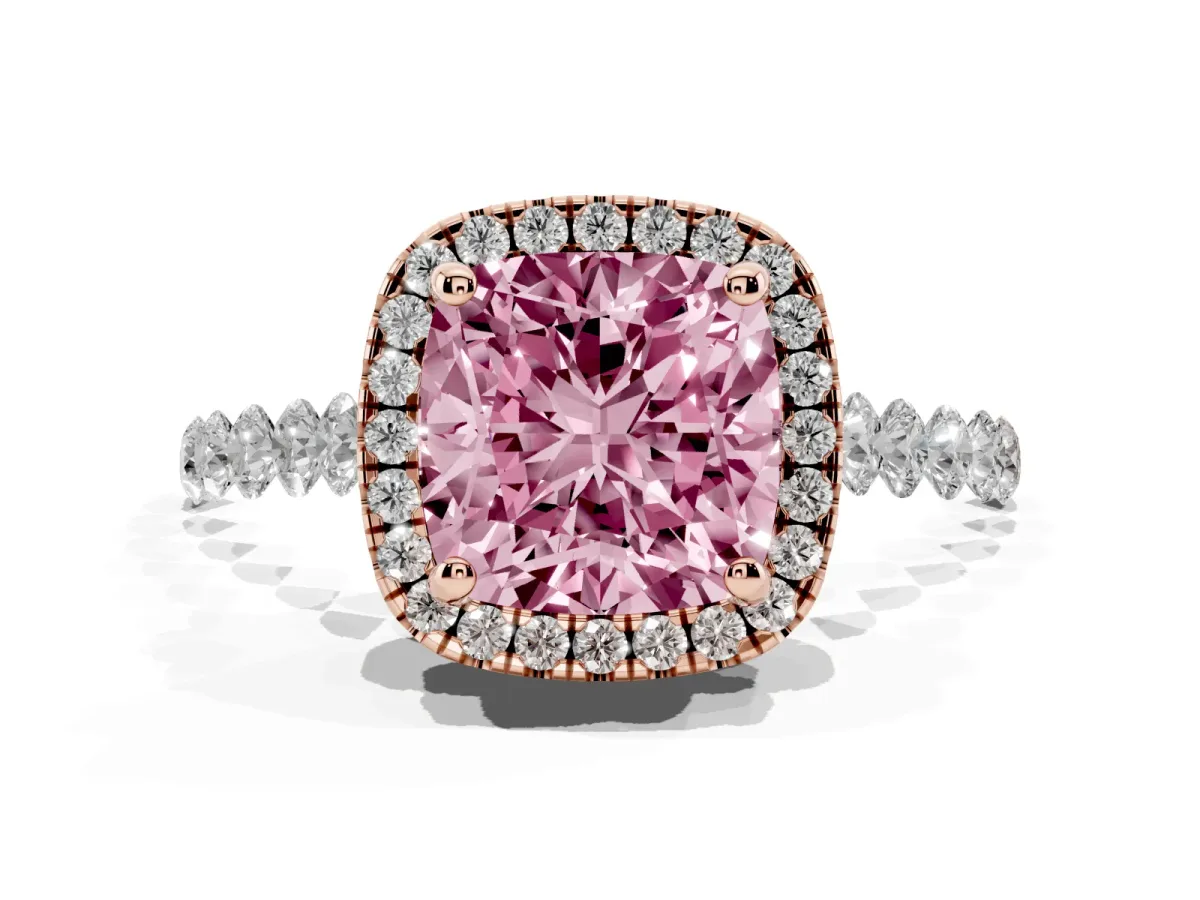 Fancy Pink Cushion Cut Halo Pavé Diamond Engagement Ring with Four-Prong Setting Rose gold