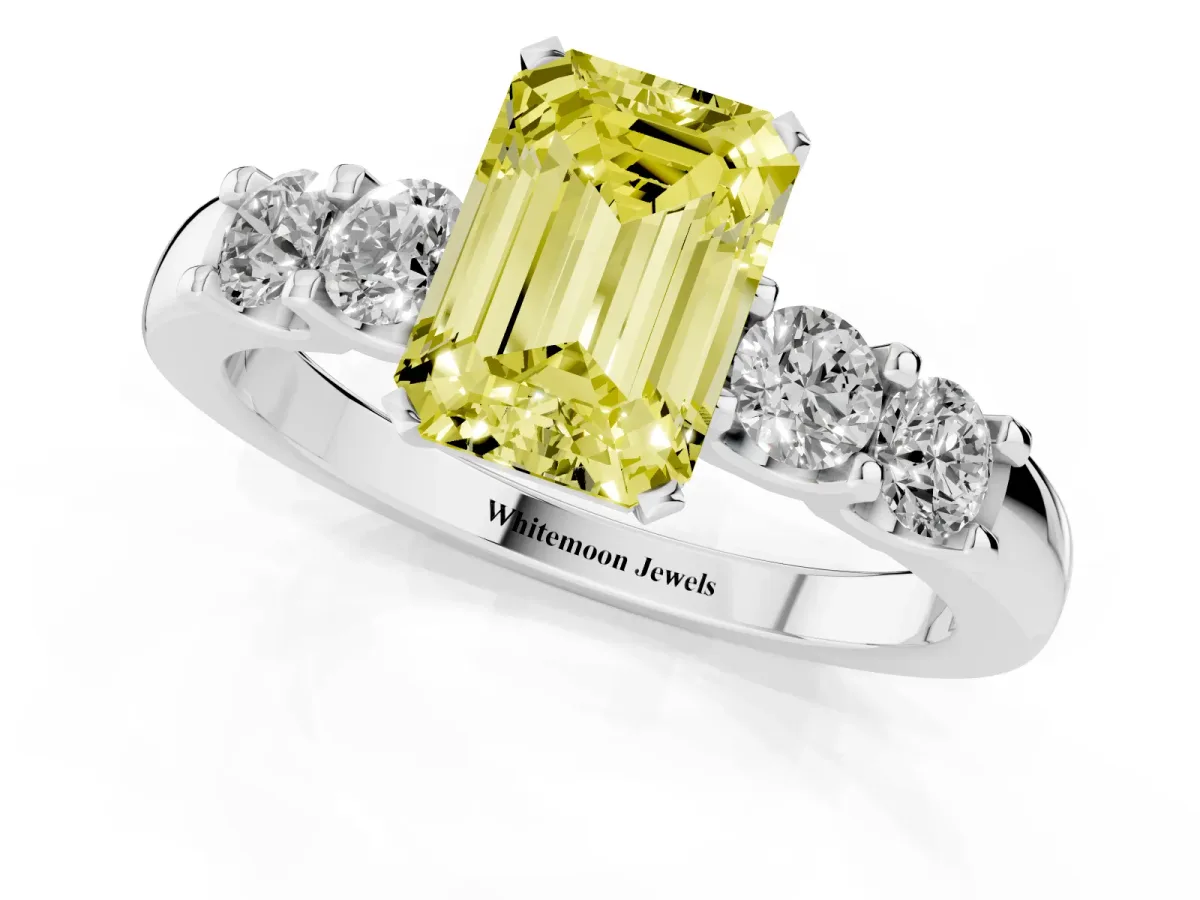 Fancy Yellow Emerald Cut Brilliant Cut Diamond Five-Stone Prong Set Engagement Ring with Channel Band Silver