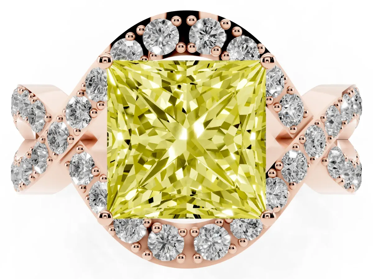Fancy Yellow Princess Cut Solitaire Twist Band Pavé Diamond Engagement Ring Rose gold