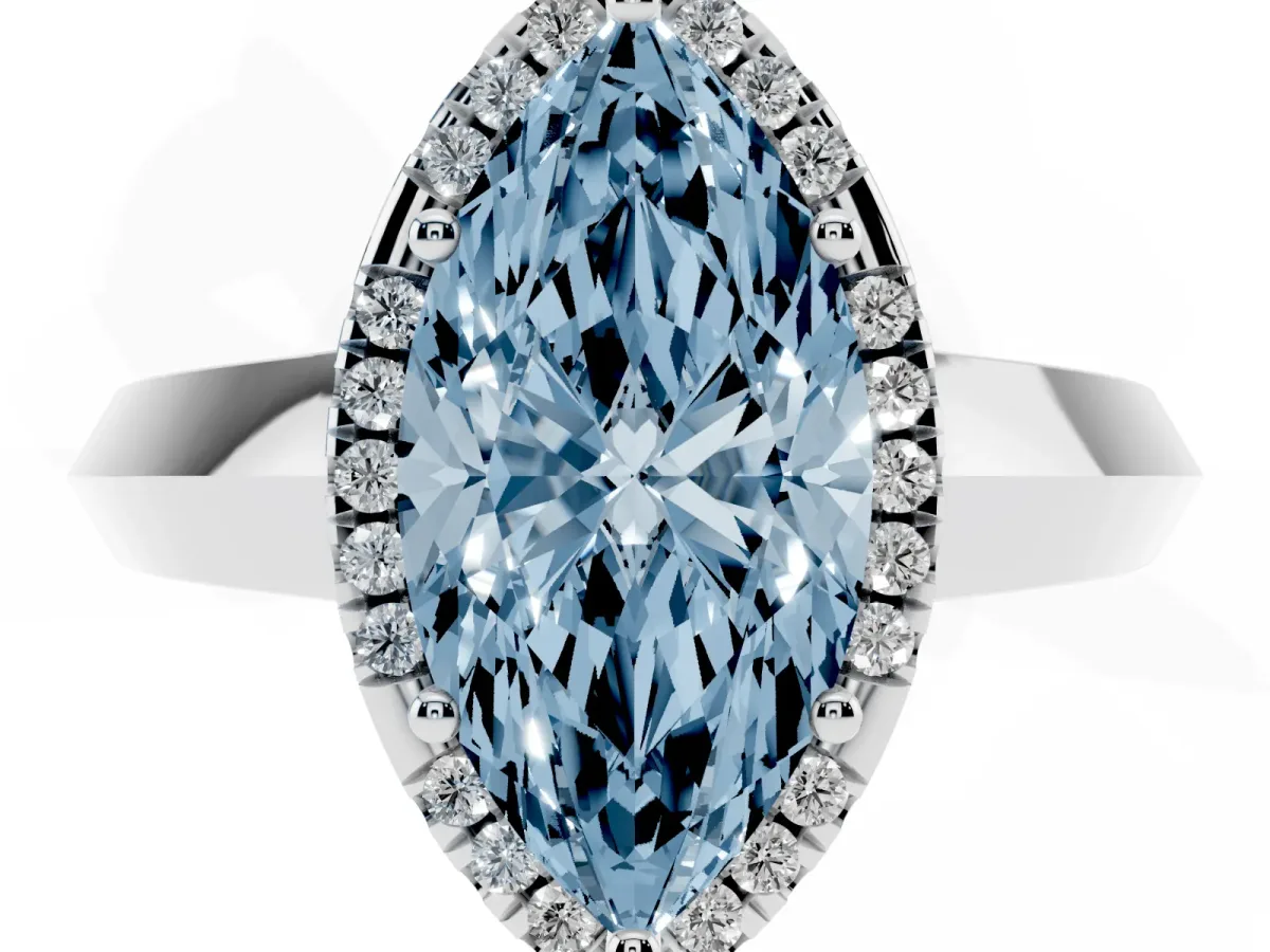 Fancy Blue Marquise Cut Halo Diamond Ring with Cathedral Band and Four-Prong Setting White gold