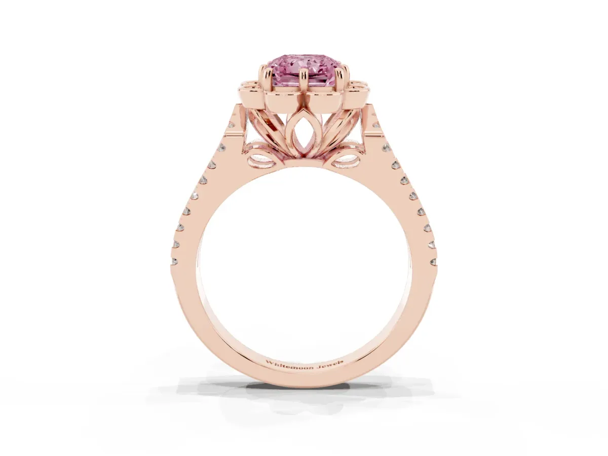 Fancy Pink Radiant Cut Halo Diamond Floral Split Shank Engagement Ring Rose gold