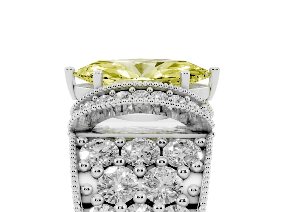 Fancy Yellow Marquise Cut Halo Pave Diamond Engagement Ring with Milgrain Detailing Platinum