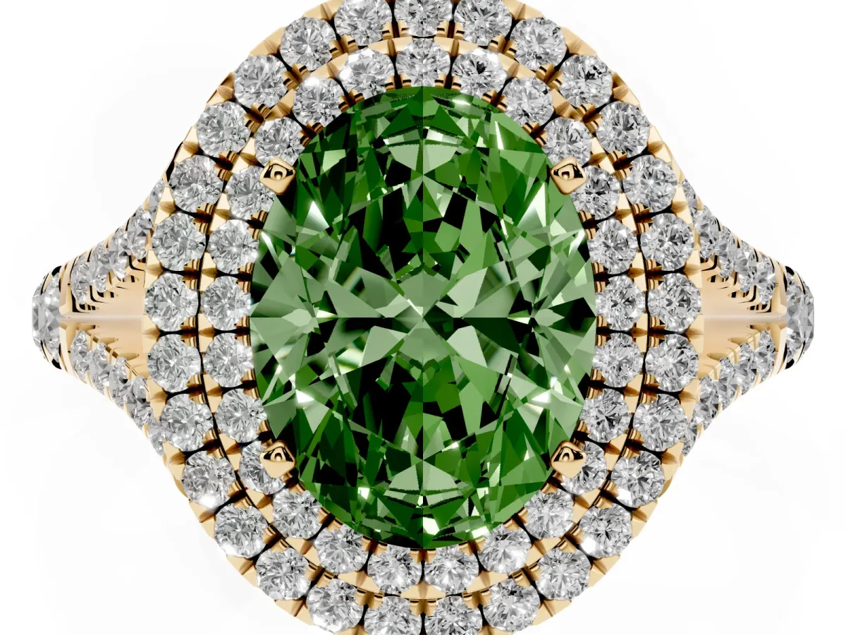 Fancy Green Double Halo Oval Cut Diamond Split Shank Engagement Ring with Four-Prong Setting Yellow gold