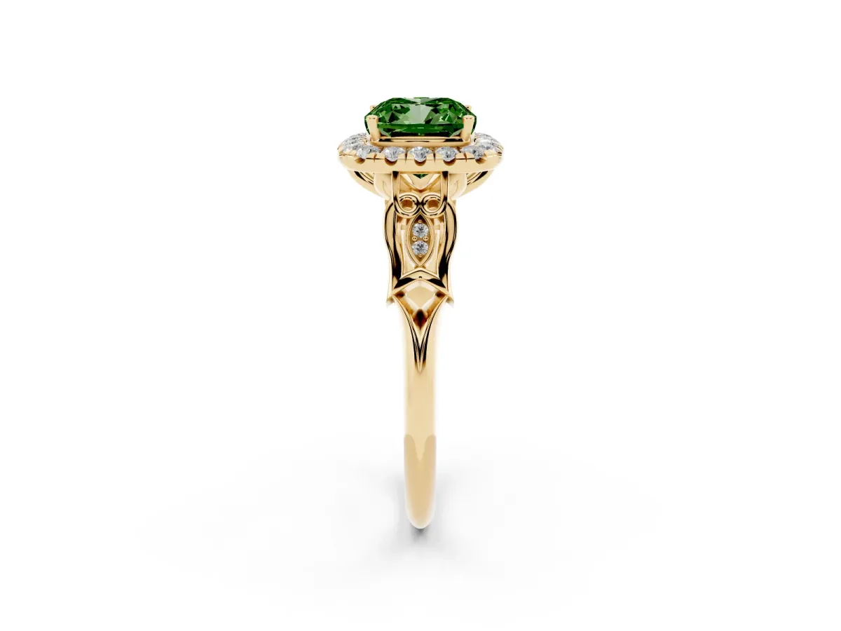 Fancy Green Cushion Cut Halo Diamond Engagement Ring with Filigree Band and Four-Prong Setting Yellow gold