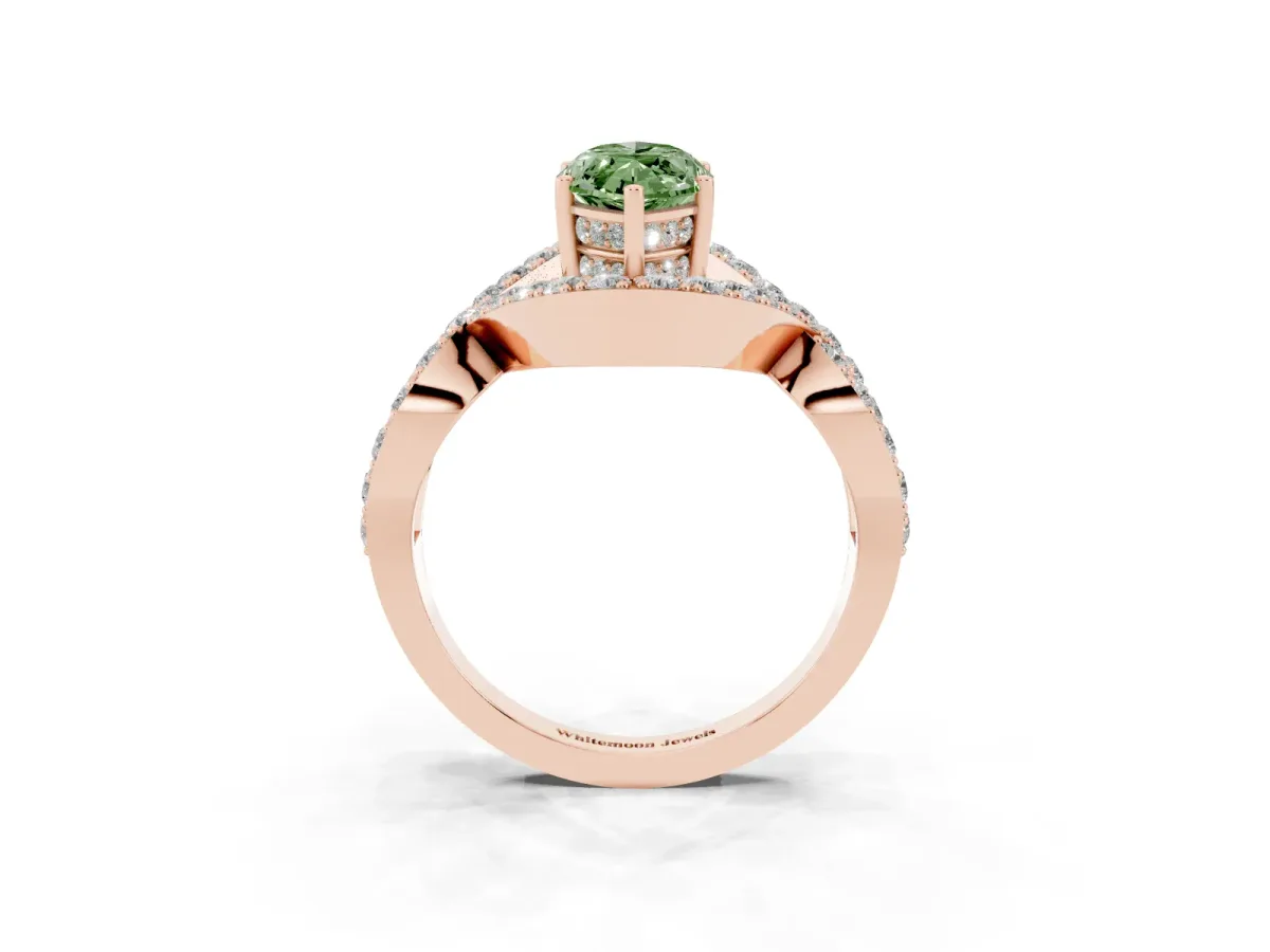 Fancy Green Marquise Cut Solitaire Twist Band Pavé Diamond Engagement Ring Rose gold
