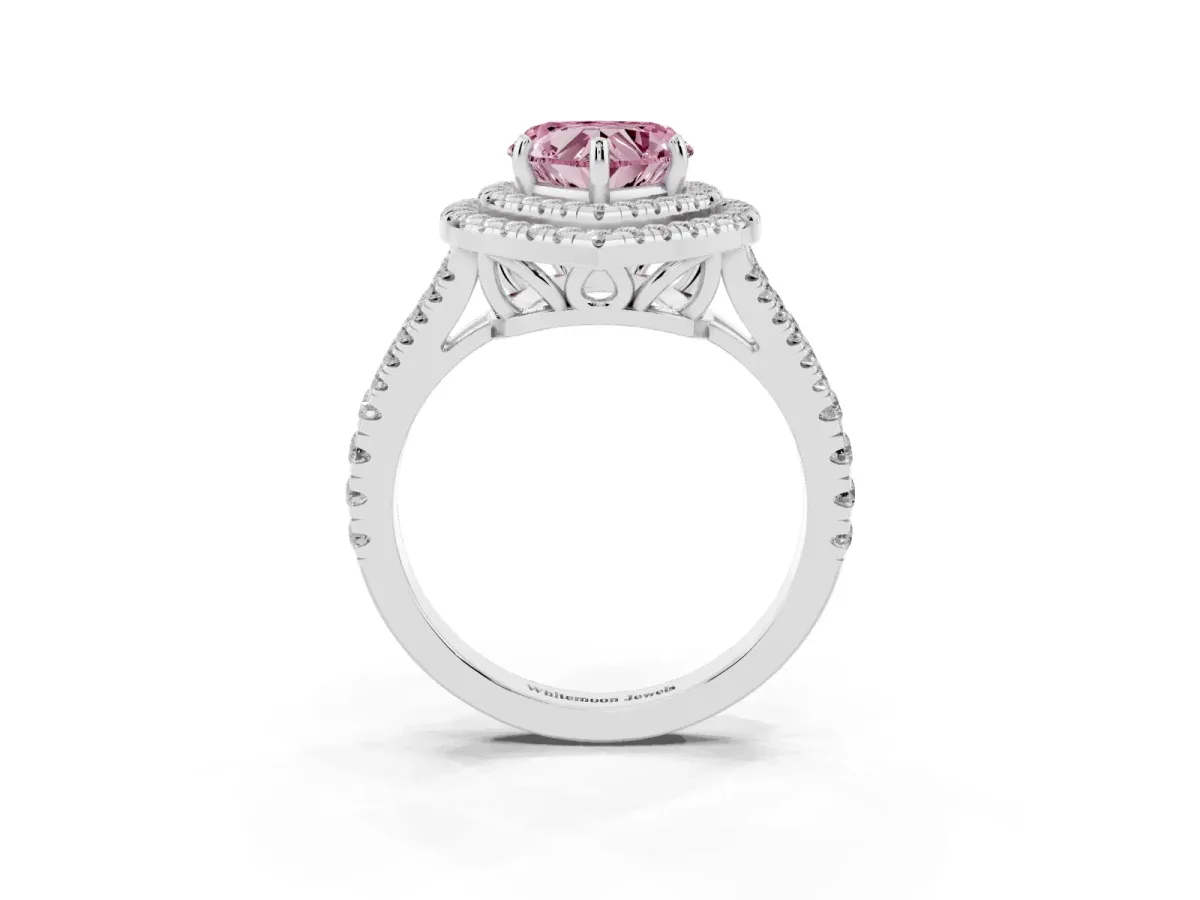 Fancy Pink Heart Cut Diamond Double Halo Ring with Pavé Band and Prong Setting Silver