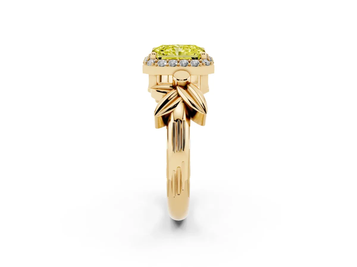 Fancy Yellow Radiant Cut Halo Diamond Floral Band with Four-Prong Setting Yellow gold