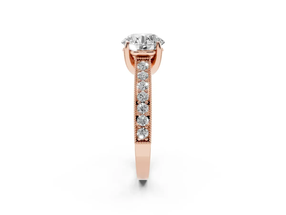 Round Cut Cut Diamond Solitaire Ring with Milgrain Pave Band and Four Prong Setting Rose gold