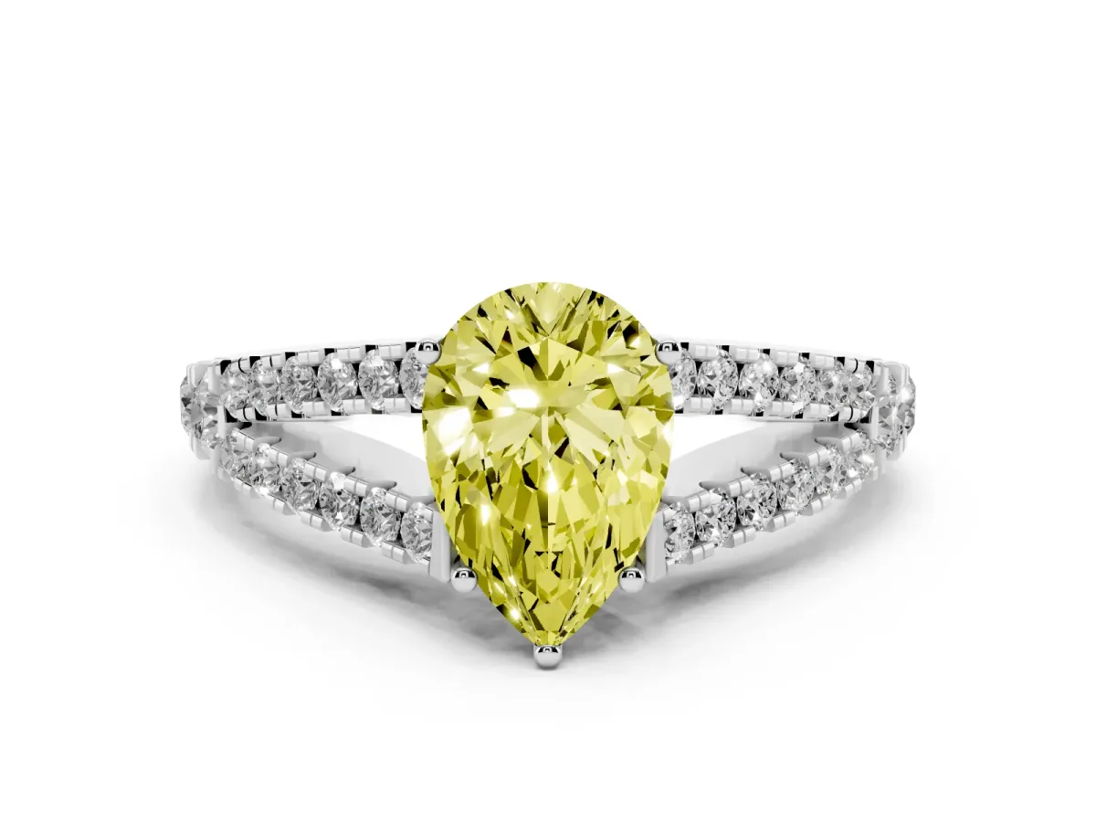 Fancy Yellow Pear Cut Diamond Split Shank Engagement Ring with Round Pavé and Prong Setting Platinum