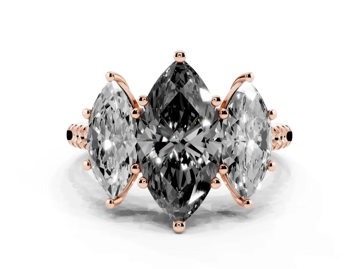 Fancy Black Three-Stone Marquise Cut Diamond Ring with Round Pavé Band and Prong Setting Rose gold